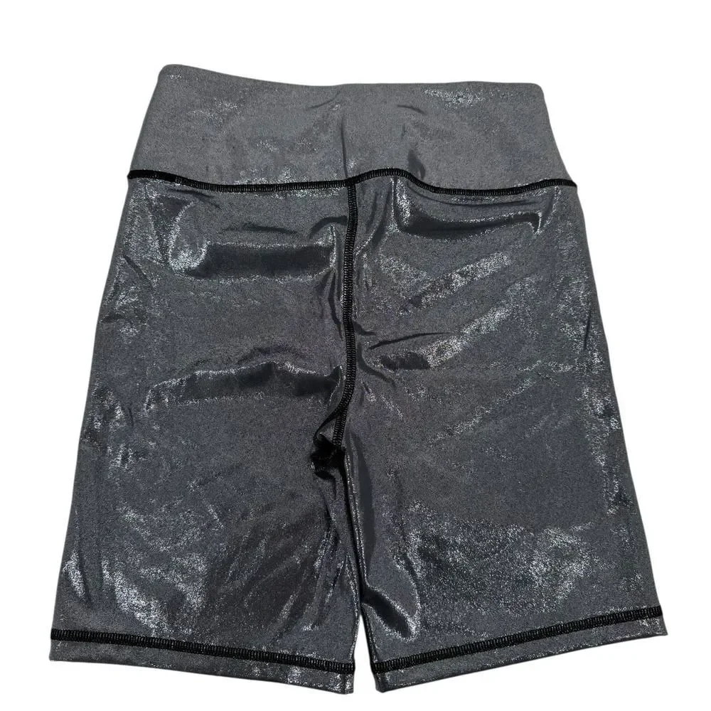 Victoria Sport Metallic Bike Shorts Size XS Silver High Rise 7 In Inseam Sporty